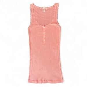 Victoria's Secret Vintage Y2K Lace Trim Button Long Ribbed Cami Tank Top Pink XS
